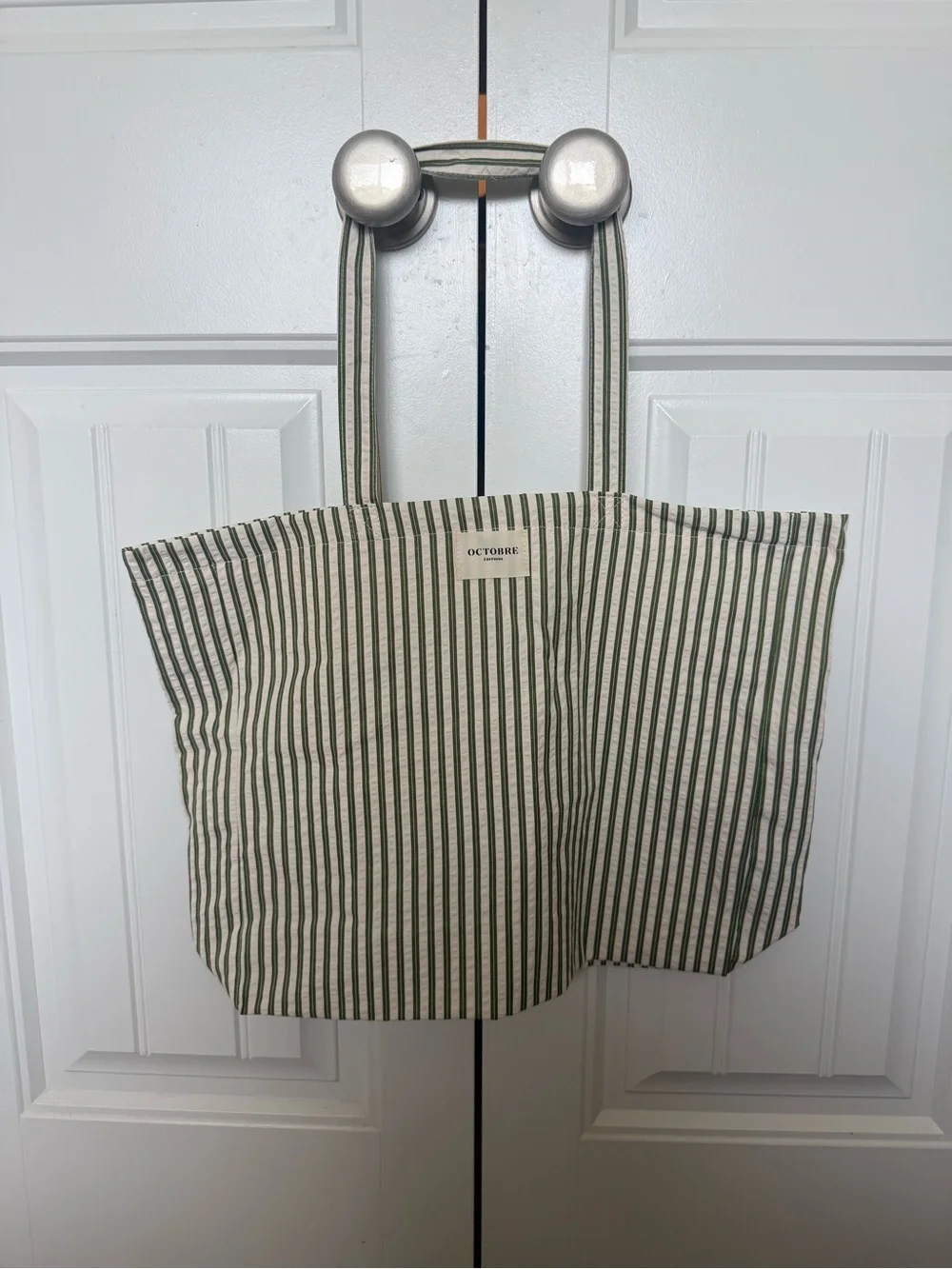 OCTOBRE Green & Cream Striped Canvas Tote Bag